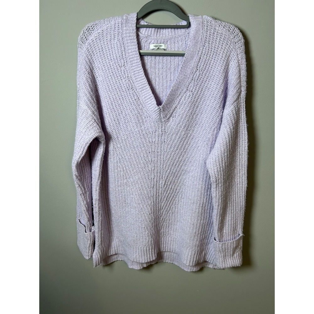 Nine West Lavender Purple Ribbed V-Neck Knit Sweater Large